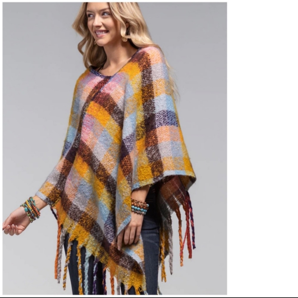 Styline Winterberry Multi-Color Plaid Check Poncho